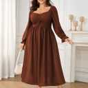 SCOMCHIC Women's Plus Size Wedding Guest Cocktail Dresses Fall Sweetheart Neckline Long Sleeve A Line Formal Maxi Dress (Orange, XL)