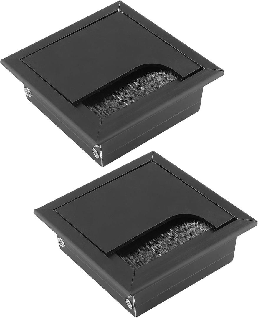 Bonsicoky 2Pcs Square Brush Desk Cord Grommet 3 Inch 80mm x 80mm Dust-Proof Metal Desk Cable Hole Cover for Computer Desk, Office Desk, Black