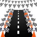 Race Car Birthday Decorations,Racecar Centerpiece Decoration,7in Orange Racing Cones(12),Checkered Flags (24), Racetrack Floor Runner,Checkered Banner,Car Theme Party Supplies(39PCS)