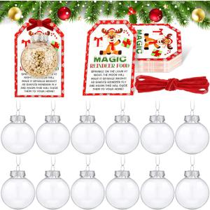 12 Pcs Christmas Magic Reindeer Food Gift for Christmas Eve 50 Card Tags Clear Plastic Jar with Ribbon Magic Reindeer Food Kit Present for Giving Cookie Candy Stocking Filler Party Favor