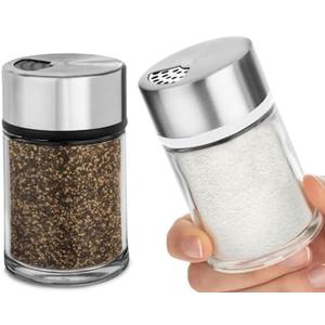 Salt and Pepper Shakers Set with Adjustable Pour Holes - Stainless Steel Spice Dispenser - Perfect for Pink Himalayan, Table Salt, Black and White Pepper (2.4 oz) - set of 2