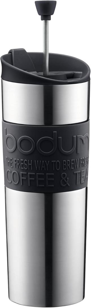 Bodum Travel Press, Vacuum Insulated, Stainless Steel Portable Coffee Maker and Tea Press, 15oz, Black