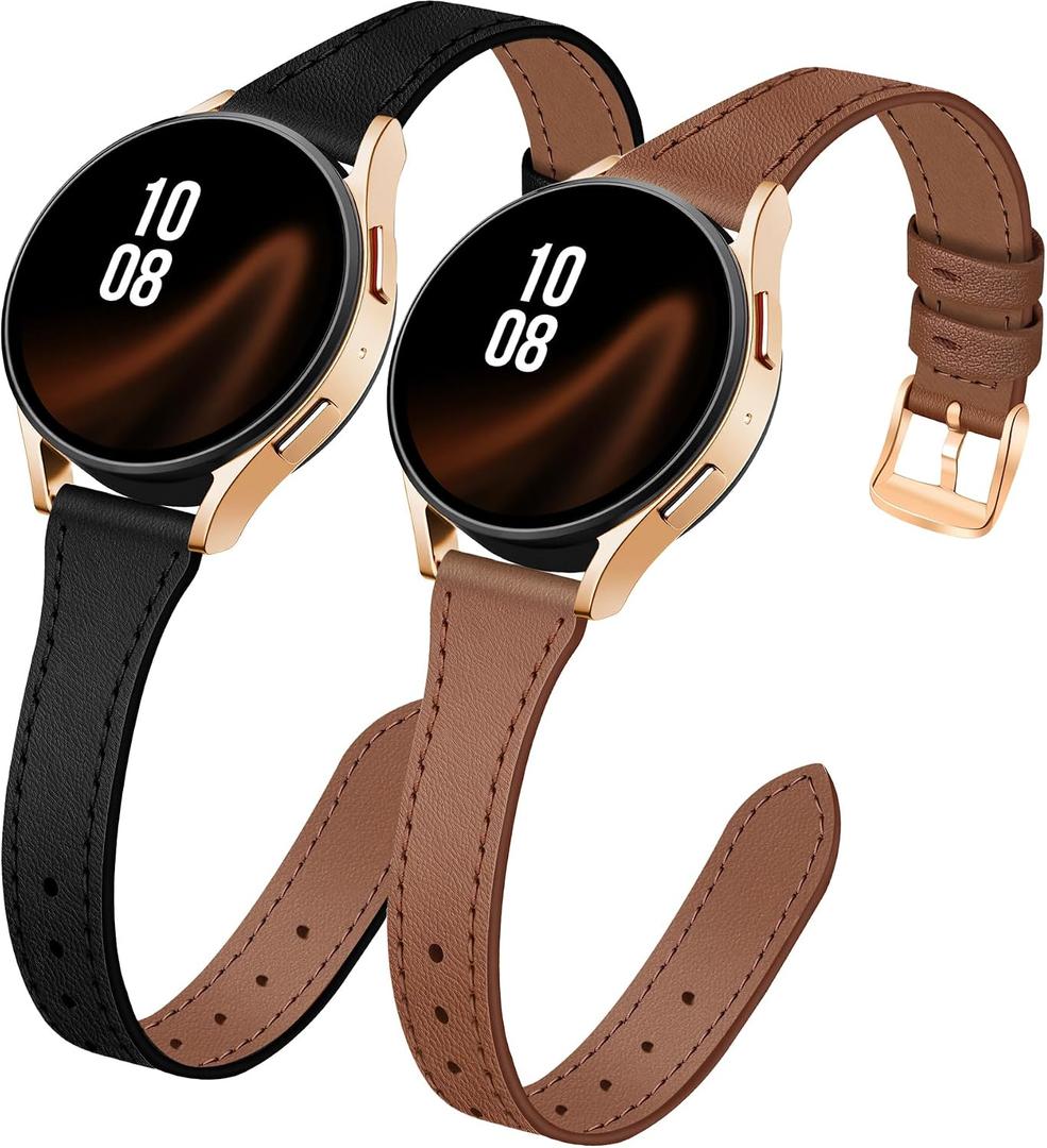 JR.DM 2 Pack Slim Leather Bands Women Compatible with Samsung Galaxy Watch 7/ 6/ 5/ 4/ Active 2/ 4 Classic/ 6 Classic/ 5 Pro/ FE 40mm 42mm 43mm 44mm 45mm 46mm 47mm, Top Leather Soft Watch Thin Straps，20mm