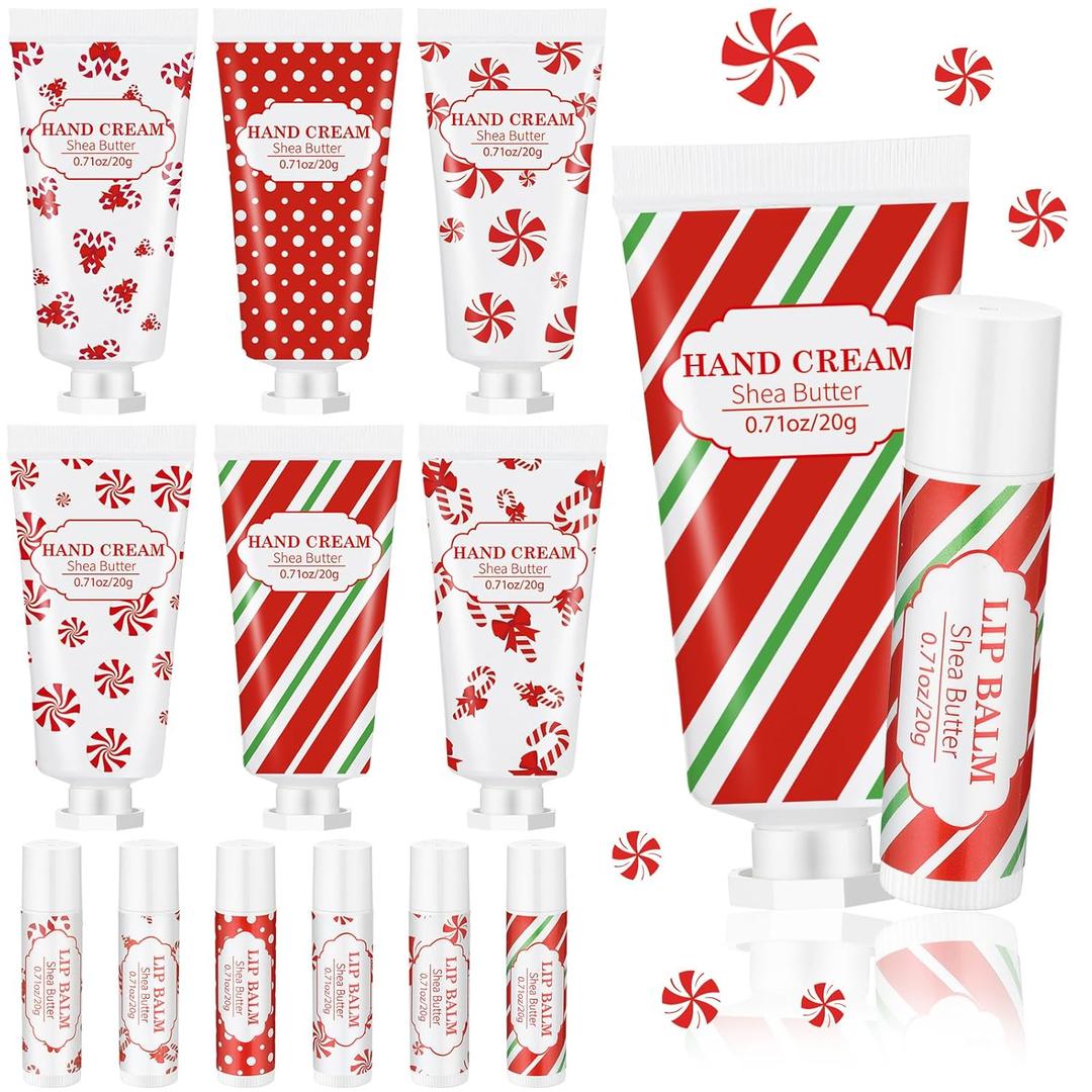 Leelosp 12 Pcs 6 Sets Christmas Hand Cream and Lip Balm Gift Set Bulk Mini Travel Size Lotion and Lip Balm with Peppermint Candy Theme Xmas Stocking Stuffers Thank You Gift for Women Staff Coworker
