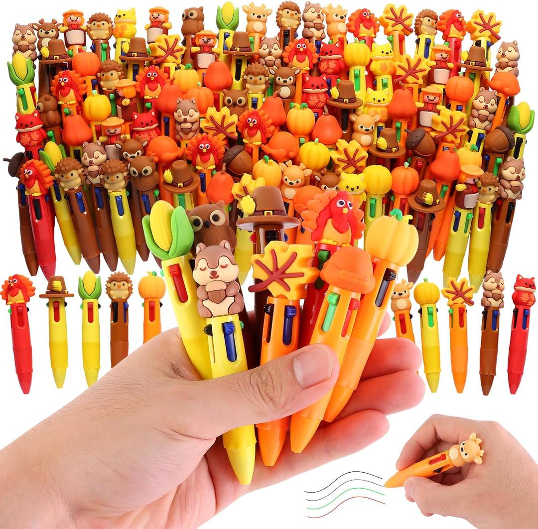 100 Pcs Thanksgiving Colorful Multicolor Pen in One Cartoon Cute Fun 4-in-1 Cute Pens Bulk Kawaii Maple Leaves Pumpkins Scarecrows and Turkeys Shape Cool Ballpoint Pens for Kids Fun Gifts