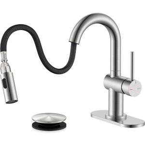 KENES Brushed Nickel Bathroom Faucet with Pull Down Sprayer, Single Handle Bathroom Sink Faucet with Pull Out Sprayer, Vanity Faucet with Pop Up Drain & Deck Plate, KE-9065B