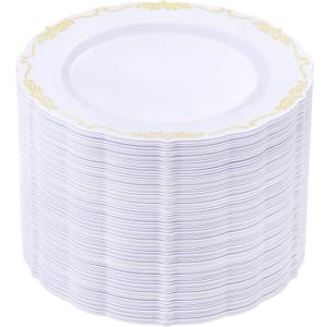 DaYammi 60PCS White and Gold Plastic Plates, Heavy Duty White and Gold Disposable Plates Premium 7.5inch White Dessert Cake Salad Appetizer Plates Hard Plastic Platos Disposable for Party Wedding