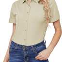 Wrinkle Free Button Down Shirts for Women Charm Slim-Fit Short Sleeve Formal Solid Dress Shirt Blouses Tops (Beige, M)