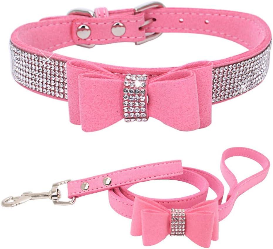 Puppy Collar and Leash, Bow tie Bling Rhinestone Crystal Diamond Cat Collars for XXS Xs Small Medium Large Pet Female Dogs Girls Kitten, Pink XXSmall