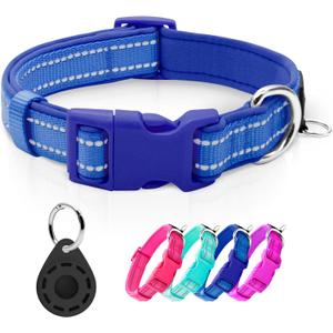 azuza Reflective Dog Collar with Airtag Holder, Soft Neoprene Padded Pet Collar with ID Tag Ring, Adjustable for Large Dogs,Royal Blue,L (Large (Pack of 1))