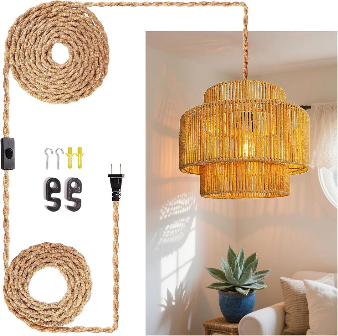 Hanging Light Ceiling Lamp Pendant Lights Rattan Hanging Lamp with Plug in Cord for Living Room Bedroom Kitchen Indoor Hanging Lamp Plug in Woven Lampshade