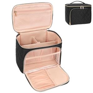 Relavel Makeup Bag, Large Capacity Travel Makeup Bag Organizer, Waterproof Cosmetic Bag with Adjustable Dividers for Women, Make Up Brush Holder Makeup Case with Compartments (Black) (02-Black)