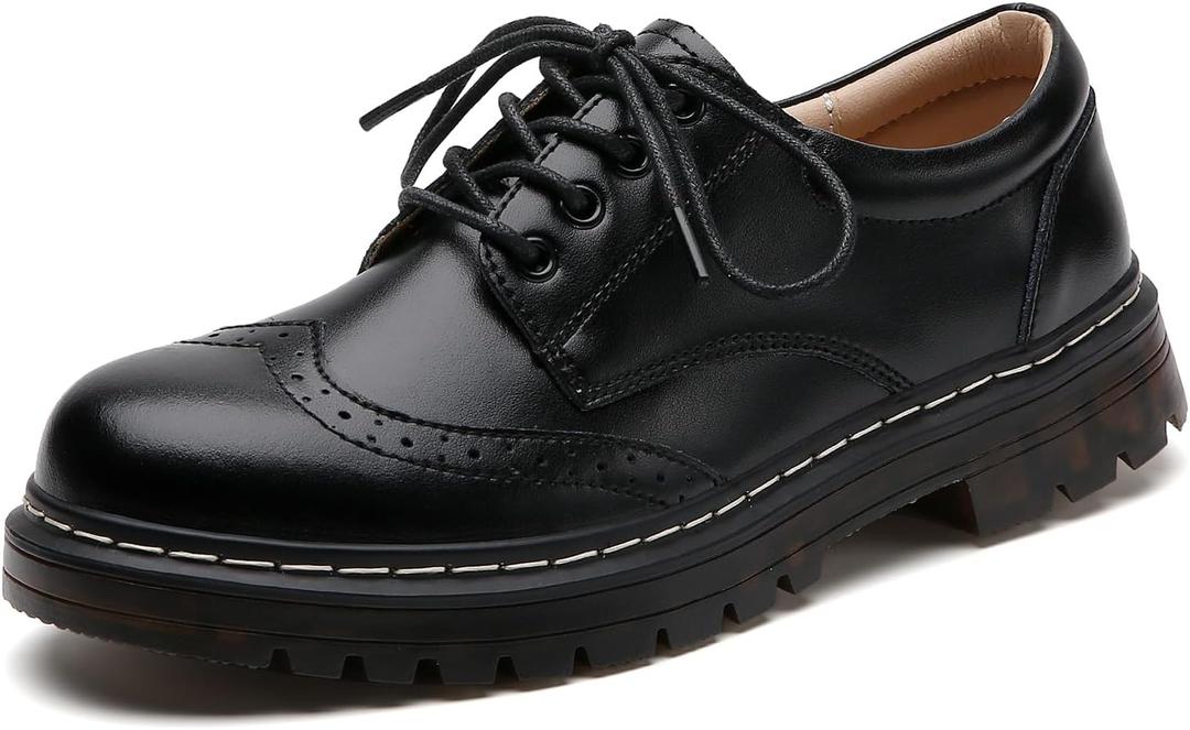 Womens Platform Wingtip Flat Oxfords Cozy Lace up Brogues Shoe Comfortable Leather Saddle Shoe Black US 8
