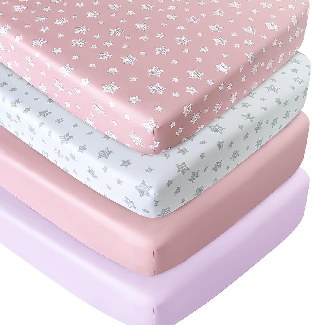 Crib Sheets for Girls 4 Pack, Fitted Crib Sheets for Standard Size Crib and Toddler Mattresses, Soft and Breathable Baby Gift Girl Set, Pink (52"X28")