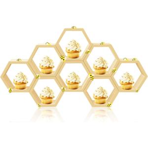 8 Pcs 5.5 Inch Honeycomb Cupcake Stand Cake Farmhouse Hexagon Display Holder Hexagonal Wood Cupcake Stand Floating Table Sign with Wooden Bee for Baby Shower Birthday Party Table Decorations (Original)
