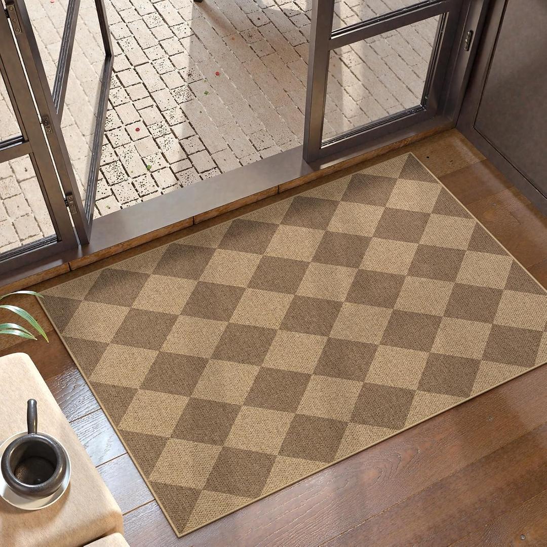 Lahome Colette Checkered Easy Jute Rug, 2x3 Entryway Rug Indoor Outdoor Front Door Mat, Farmhouse Neutral Non Slip Non Shedding Washable Kitchen Mats for Floor Foyer (Nature/Checkerboard -2)