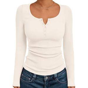 Trendy Queen Long Sleeve Shirts for Women Henley Ribbed Fall Tops Dressy Business Casual Teen Girl Winter Cute Basic Tees Beige, Medium