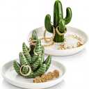 Elsjoy Set of 2 Ceramic Ring Holder Dish, Decorative Round Jewelry Display Trays, Aloe & Cactus Small Trinket Plate for Home, Gift, Mother's Day