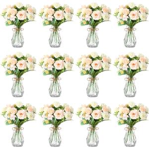 Janinka 37 Pack Fake Flowers with Vase 24 Bundles Artificial Hydrangea Bouquets 12 Clear Vase for Home Office Farmhouse Centerpiece Table Decor (Champagne)