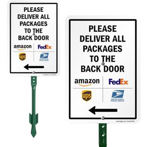 SmartSign 10 x 7 inch Please Deliver All Packages To The Back Door Left Arrow Yard Sign, 40 mil Laminated Rustproof Aluminum, 21.5 inch Tall Sign & Stake Kit, Multicolor