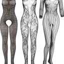 Tisancy 3 Pcs Women's Fishnet Lingerie Plus Size Mesh Bodysuit Lingerie for Women (Black)