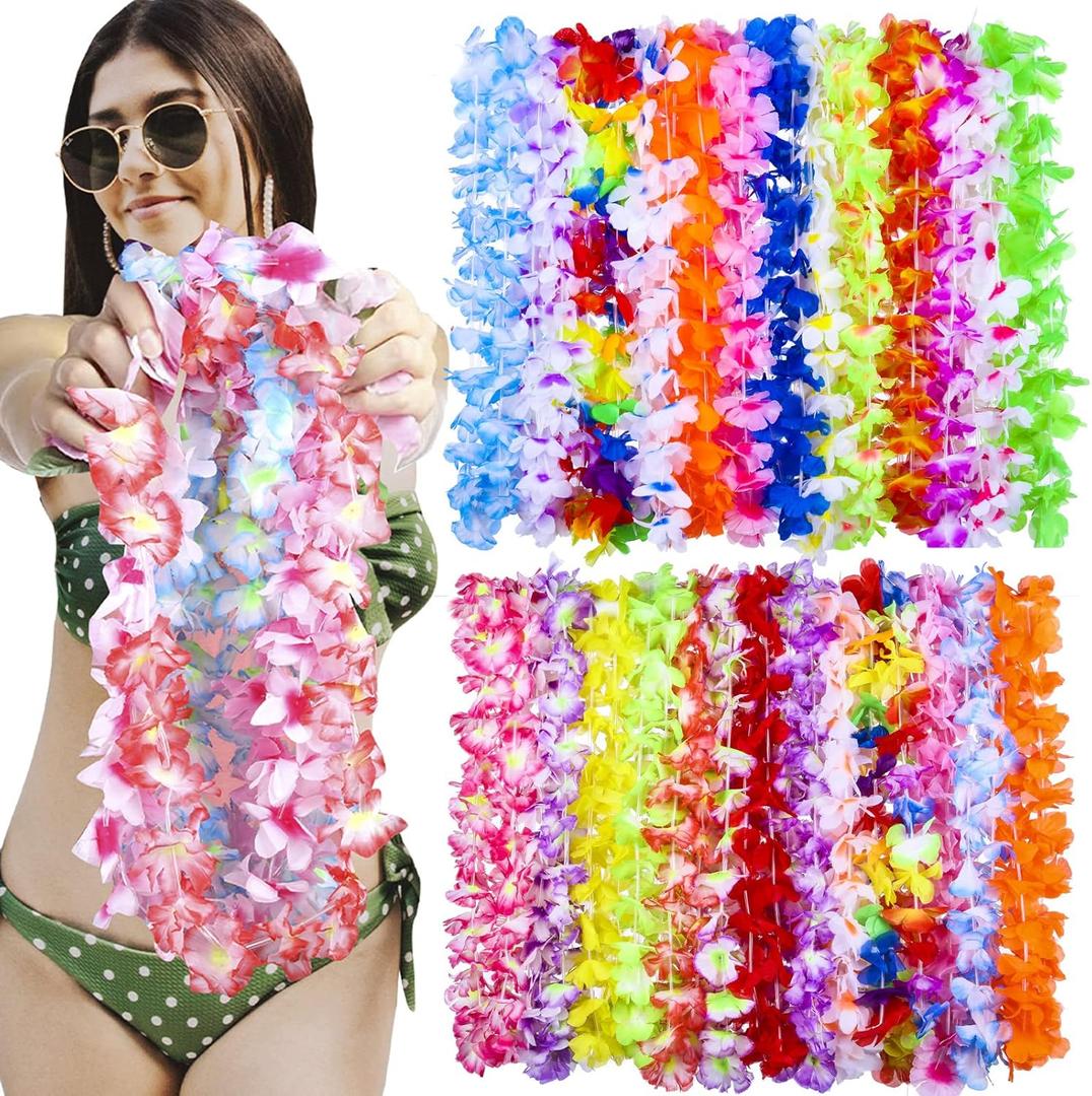 100 Pcs Hawaiian Leis for Luau Party Hawaii Leis Bulk Colorful Silk Flower Necklace Tropical Hula Dance Decor Flower Summer Beach Pool Party Decorations Favors Supplies