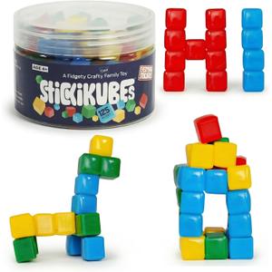 KOMARC GAMES StickiKubes - Mini STEM Building Blocks that Stick to Anything - 125 Non Toxic Sensory Stacking Cubes in 4 Colors