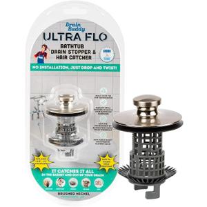 Drain Buddy Ultra Flo No Installation 2 in 1 Clog Preventing Tub Drain Stopper and Hair Catcher for 1 3/8" to 1.5" Bathtubs and Utility Sinks Brushed Nickel Metal Cap