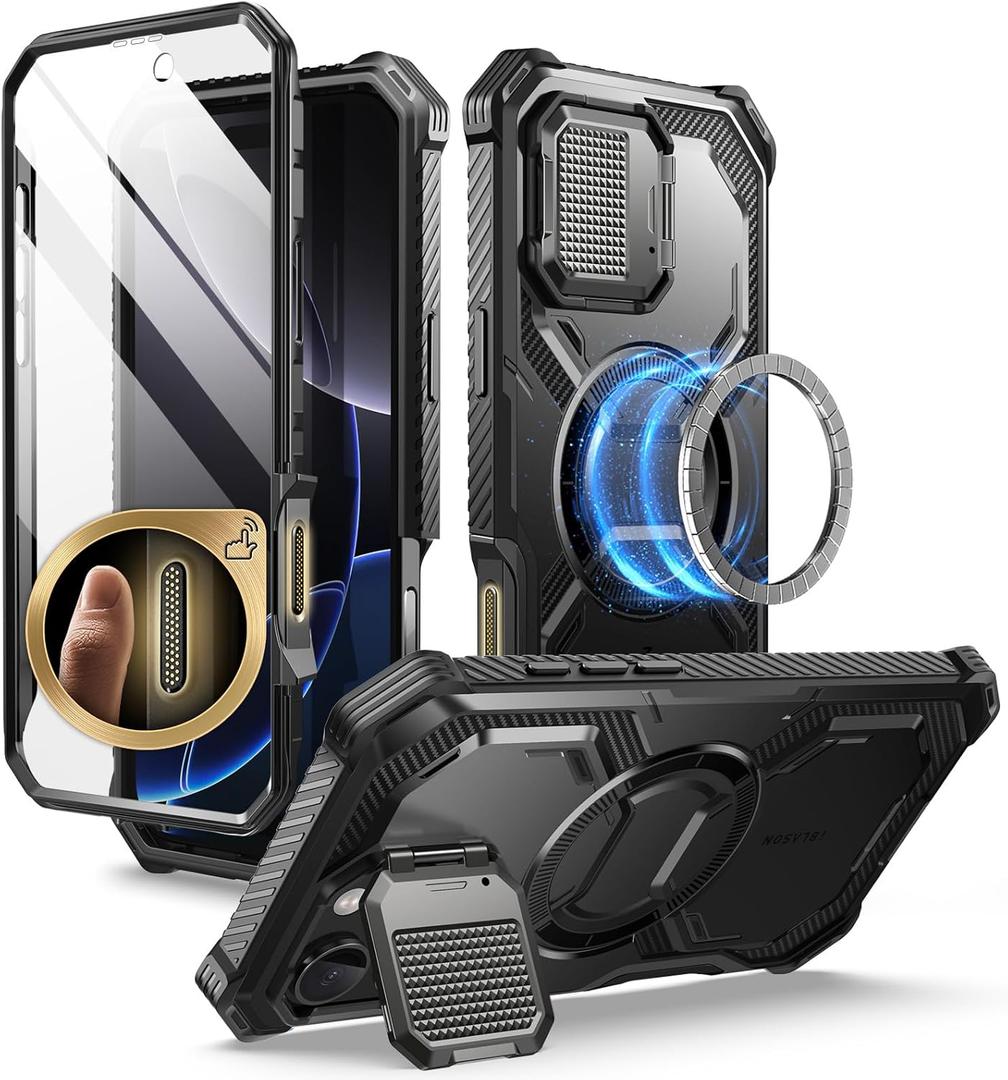 i-Blason Armorbox for iPhone 16 Pro Max Case MagSafe [Camera Control Button Cover] [Camera Cover Stand] [Military Protection] Full-Body Magnetic Phone Case with Built-in Screen Protector, Black