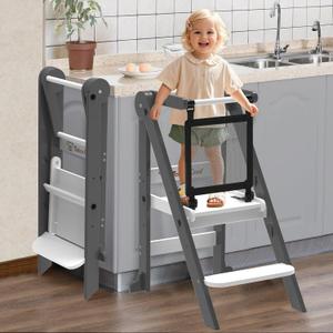 Foldable Toddler Tower, Toddler Kitchen Stool Helper with Safety Net, Wooden Kitchen Step Stool for Toddlers with Adjustable Height, Standing Tower for Learning and Cooking (Blue)