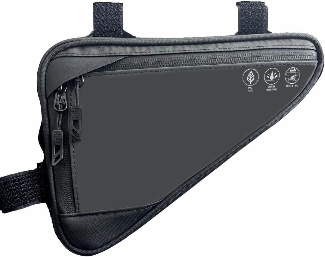 Bike Frame Bag, Water Resistant Reflective Bicycle Triangle Bag with 2 Side Pockets, Top Tube Bag for Phone, Bicycle Storage Pouch for MTB & Road Cycling Tool Accessories (Black)