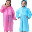 2 x OFFITECTURE 2-Pack Reusable Rain Ponchos for kids - Hooded Raincoats for Boys Girls (Blue+Pink)