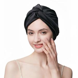 100% Mulberry Silk Bonnet Sleep Cap, Double Layer Silk Turban/Bonnet, Shower Cap, Fit for Night Hair Care, 9 Colors (Black, Adjustable Band)