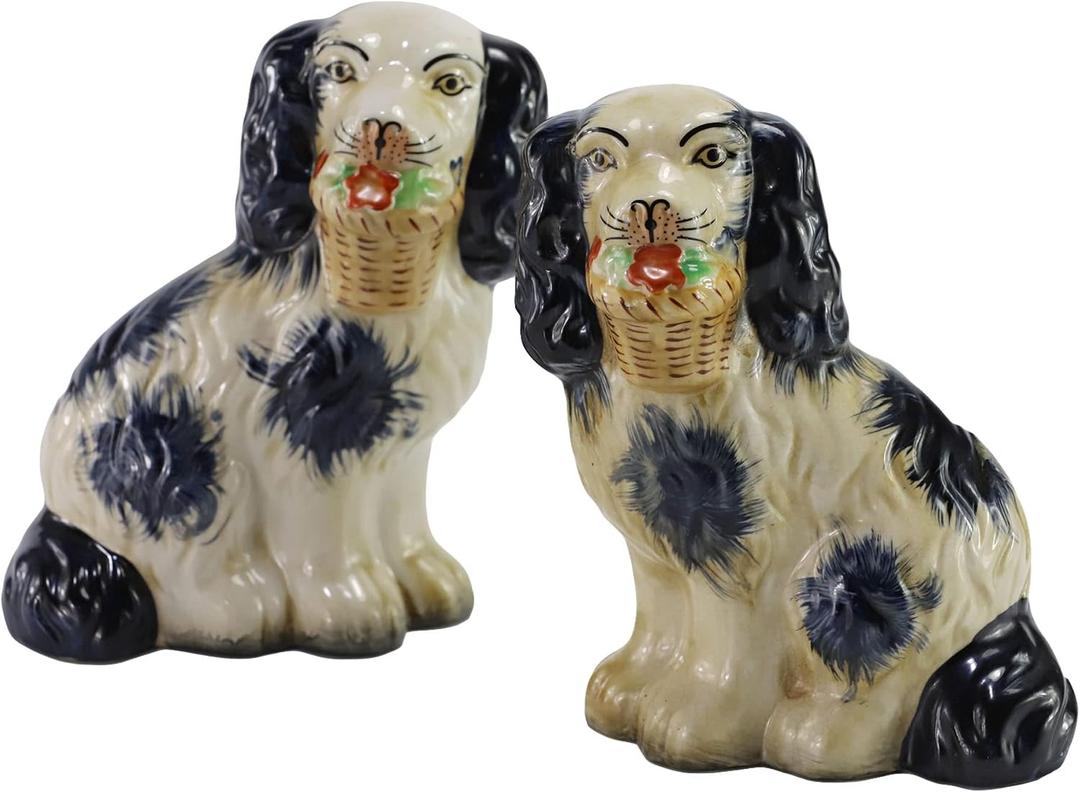 Hand-Painted Porcelain Dog Figurines Pair of Dark Blue Dog Figurines with Flowers in Mouth,Ceramic Dog Collectibles for Home Decoration,Unique Gifts