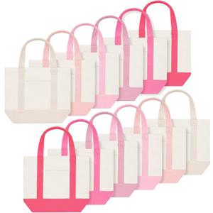 Eccliy 12 Pcs Mini Canvas Tote Bags 13" x 11" x 6" Small Tote Shopping Bag Bulk with Pocket Handle Blank Heavy Duty Reusable Canvas (13" X 11" X 6",Pink Series)