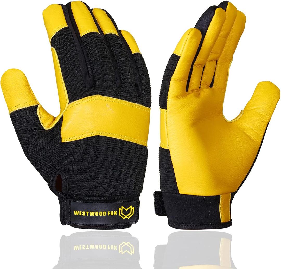 WESTWOOD FOX Gardening Working Gloves Leather Safety Thorn Proof Gloves for Mens & Women Flexible Heavy Duty Mechanic Gloves (Small, Yellow)