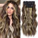 Clip in Synthetic Hair Extensions Long Wavy 4PCS Thick Hairpieces Blonde Highlighted Medium Brown Fiber Double Weft Natural Hair Extensions 20 Inch for Women (4pcs, 20Inch, 86H10#)