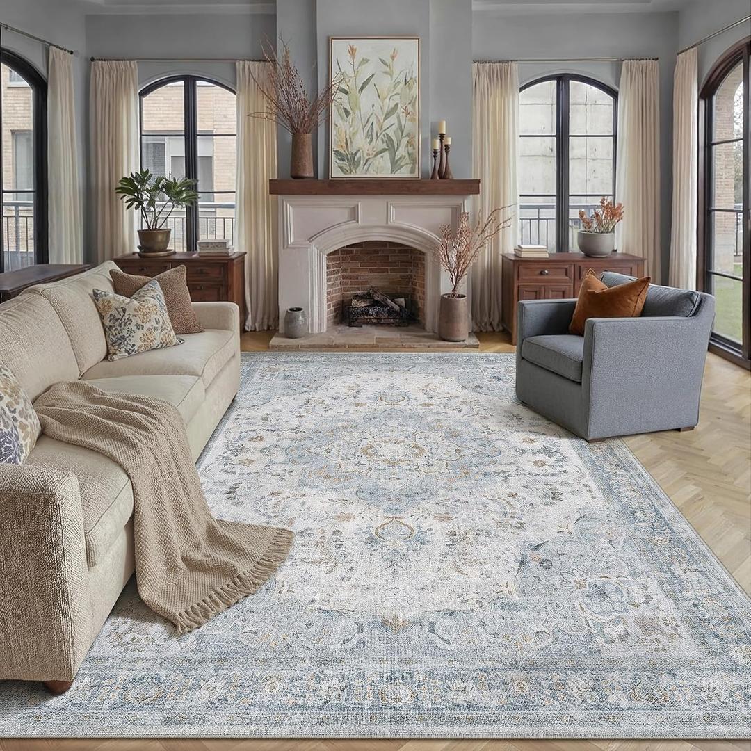 8x10 Blue Washable Area Rug for Living Room Bedroom Vintage Floral Distressed Non Slip Low Pile Rug Lightweight Traditional Carpet Dining Room Office Classroom Playroom Indoor