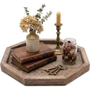 Large Wood Trays Home Decor Farmhouse Candle Holder Plate for Coffee Table Rustic Wooden Decorative Tray Vintage Table Centerpiece for Living Room Kitchen Counter Decor and Bathroom Accessories Trays (12", Octagon)