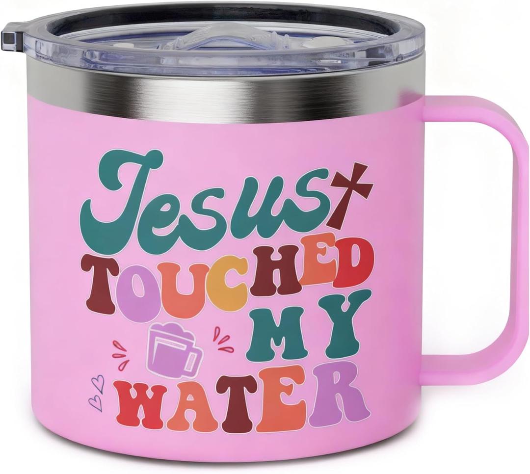 Jesus Touched My Water Mug with Lid - Jesus Gifts for Women - 14oz Pink Christian Coffee Mugs for Women Insulated Stainless Steel