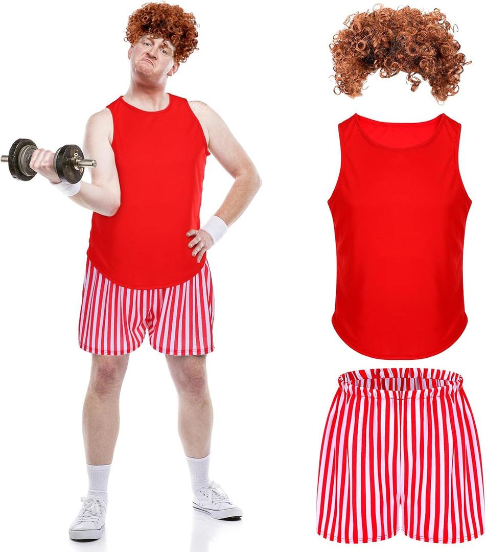 3 Pcs Halloween 80s Men Workout Costume Set Include Tank Top Shorts Afro Wig for Halloween Cosplay Party Adult (X-Large)