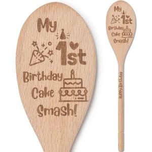 First Birthday Photoshoot Props Smash Cake Spoon Keepsak 1 Year Old Birthday Decoration Cake Smash Props 1st Photo for Baby Boy Girl Decor, Engraved Wood Spoon 10x2 in