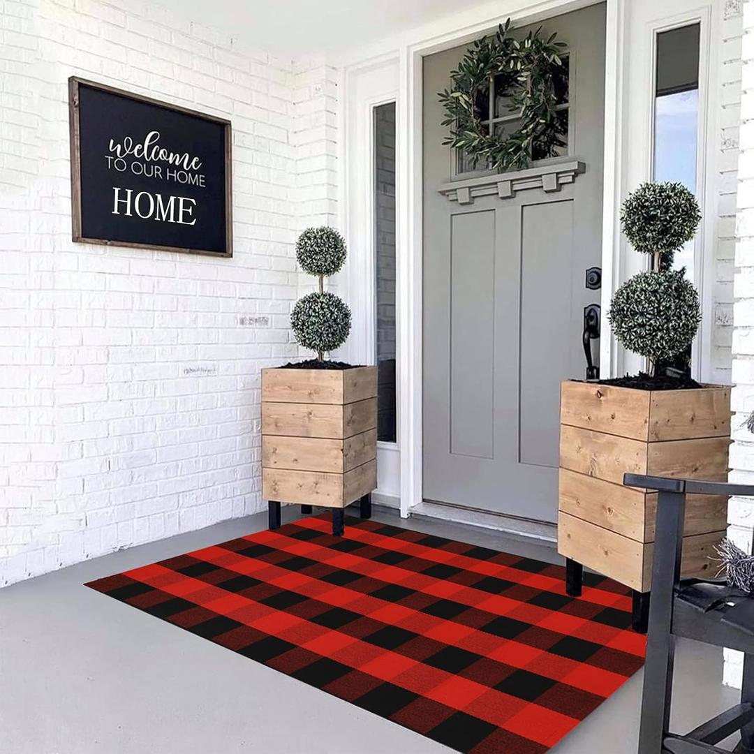 MUBIN Cotton Buffalo Plaid Rug, 3' x 5' Red Black Outdoor Rug Front Door Decorative Mat, Washable Christmas Doormat Foldable Area Rug Layered Door Mats Rug for Front Porch, Entryway, Patio