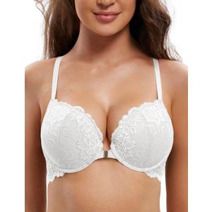 Deyllo Women's Front Closure Bras Lace Racerback Padded Push Up Bra Underwire Plunge (White)
