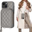 Bocasal Crossbody Wallet Case for iPhone 13, RFID Blocking PU Leather Zipper Handbag Purse Flip Cover, Kickstand Folio Case with Card Slots Holder Wrist Strap Lanyard 5G 6.1 Inch (Grey)