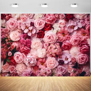 7x5ft Flower Backdrop Pink Red Rose Flowers Floral Wall Photography Background Birthday Baby Shower Wedding Party Banner Decorations Supplies Photo Booth Props