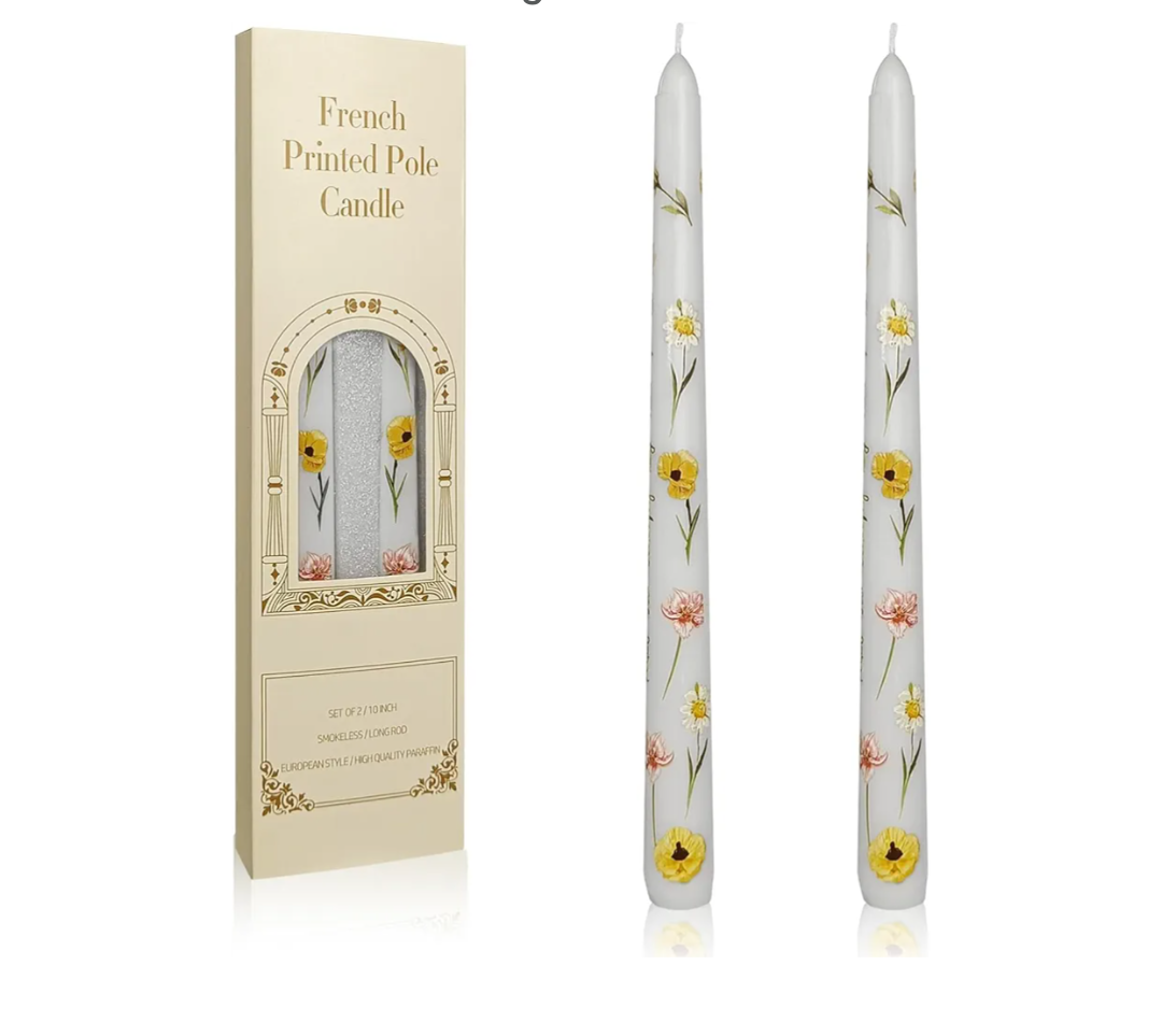 Floral Taper Candles 10 Inch Tall Unscented Handmade White Corn Poppy Print Candles Long Burning Elegant Candlesticks for Wedding Dinner Home Decor