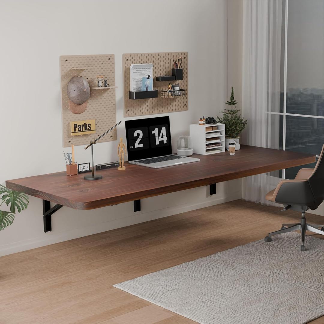 IAE Floating Wall Mounted Folding Table Desk with Pine Wood,55" x 22" Folding Workbench,Fold Down Wall Mounted Foldable Desk with Shelf Brackets,Laundry Table for Home,Dining,Office,Kitchen,Brown