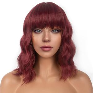 Short Bob Wigs with Bangs for Women Loose Wavy Wig Curly Wavy Shoulder Length Bob Synthetic Cosplay Wig for Girl Colorful Costume Wigs (Auburn)