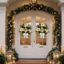 22 Inch Pre-Lit Artificial Christmas Wreath with White Artificial Poinsettia Flowers Jesus Figurine Nativity Scene Glitter Ball Ornaments PineCones Berries for Christmas Decor Front Door